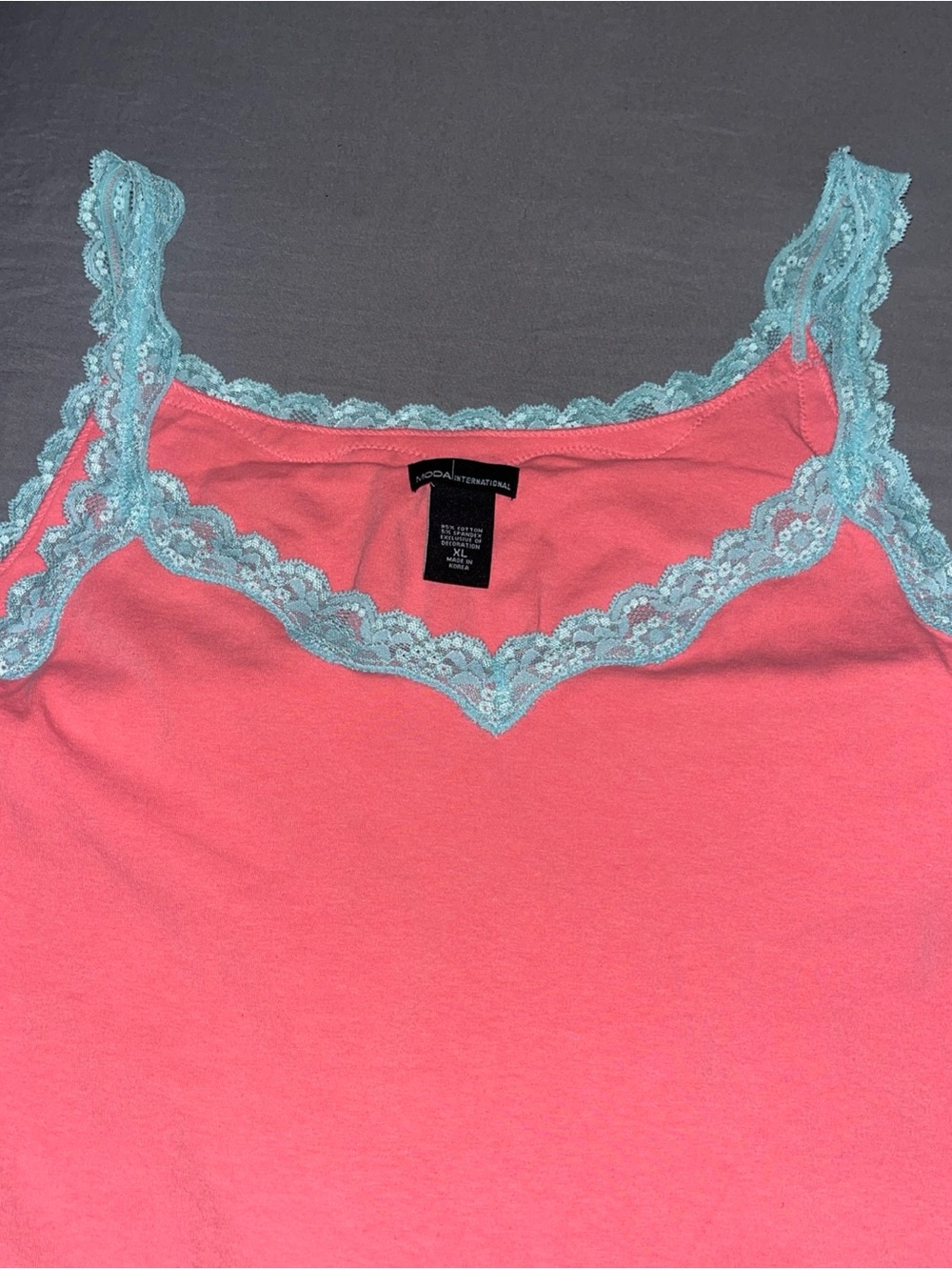 Vintage Moda International Pink Tank Top with Blue Lace Trim